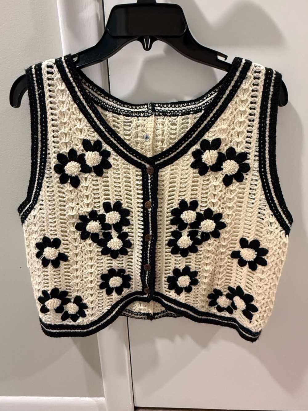 Crocheted Floral Button-Front Vest in Cream and Black
